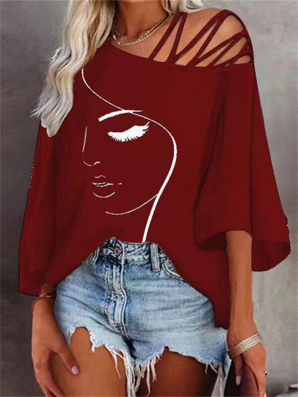 Trendy Asymmetrical Collar 3/4 Sleeve Face Print Tops for Women - Image 3