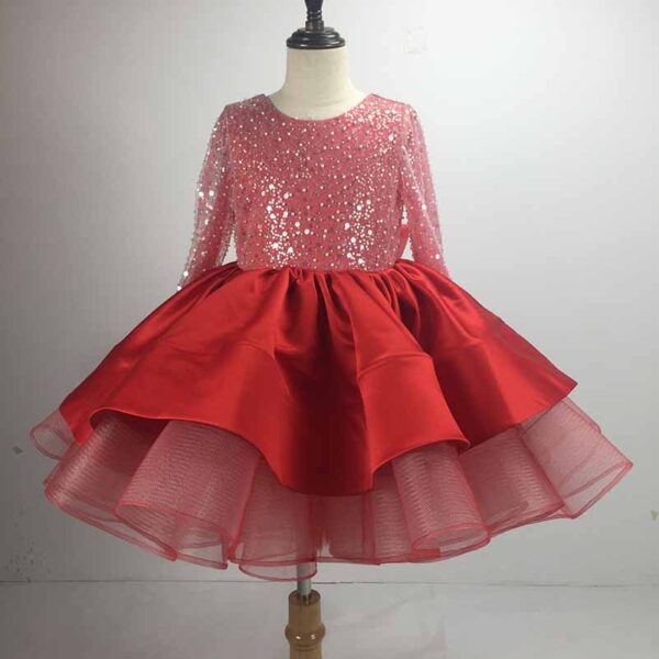 Children's wedding dress long-sleeved lace sequin Tutu birthday puffy skirt - Image 14