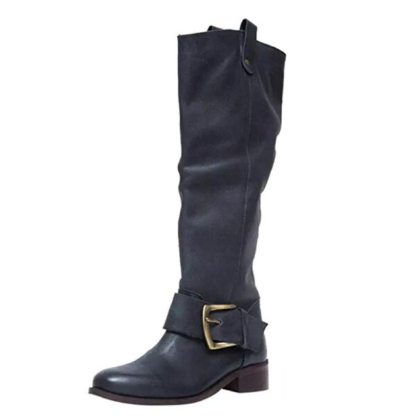 Women's retro knee high cowboy boots buckle strap chunky low heel boots - Image 5