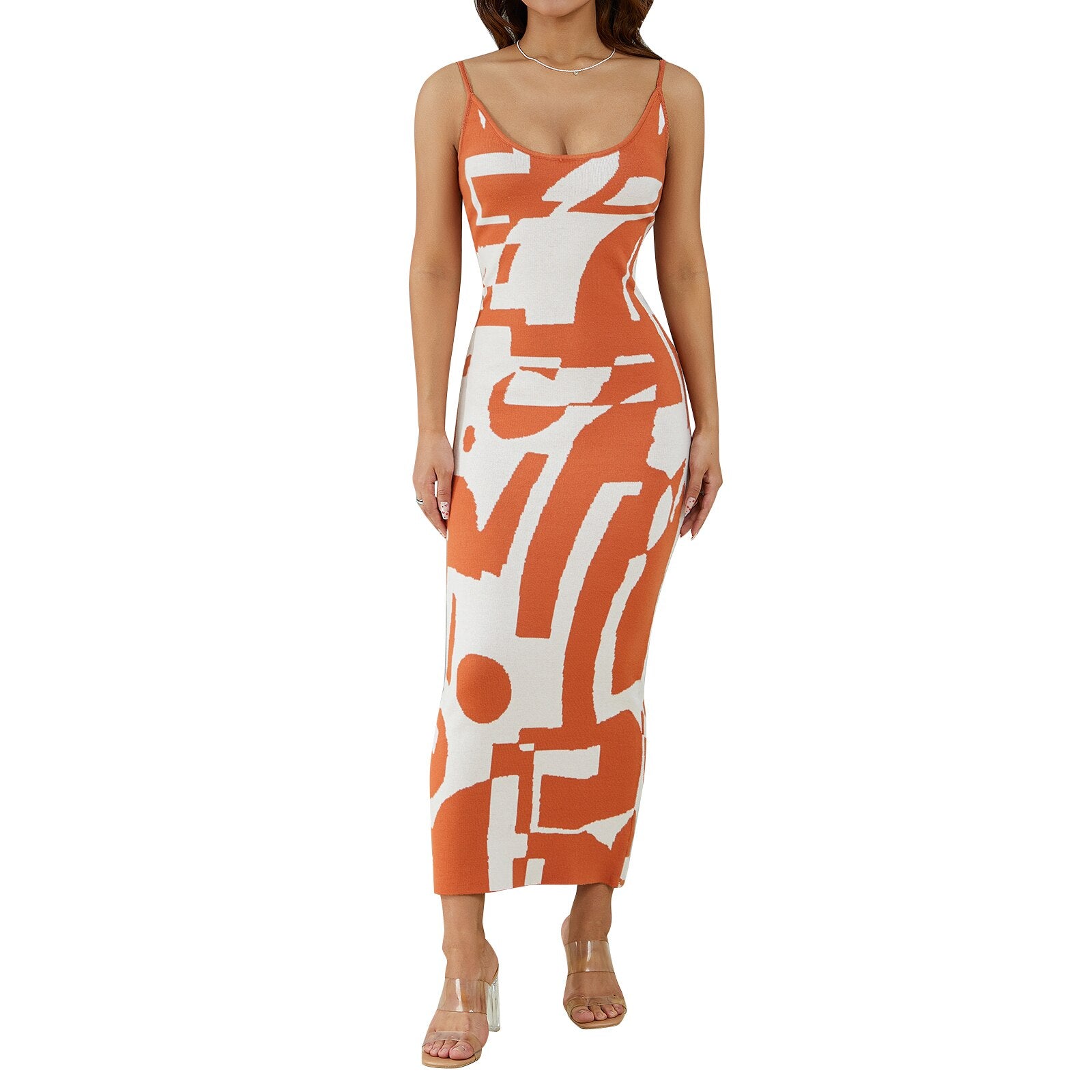 Vintage Geometric Print Knitted Long Dress Elegant Women Spaghetti Straps Wrap Pencil Dress Backless Sling Sundress - Image 6