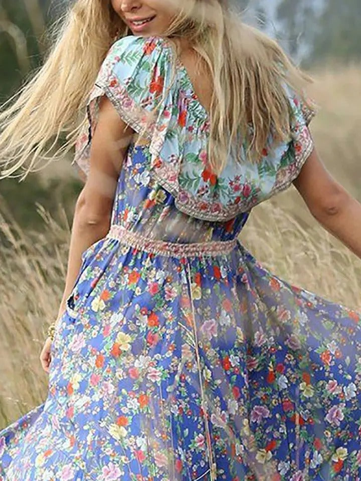 Women's Bohemian Off-Shoulder Printed Colour Maxi Dresses