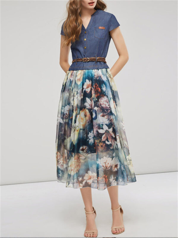 Women's Elegant Ink Flower Denim Chiffon Splicing Dress with Belt - Image 3