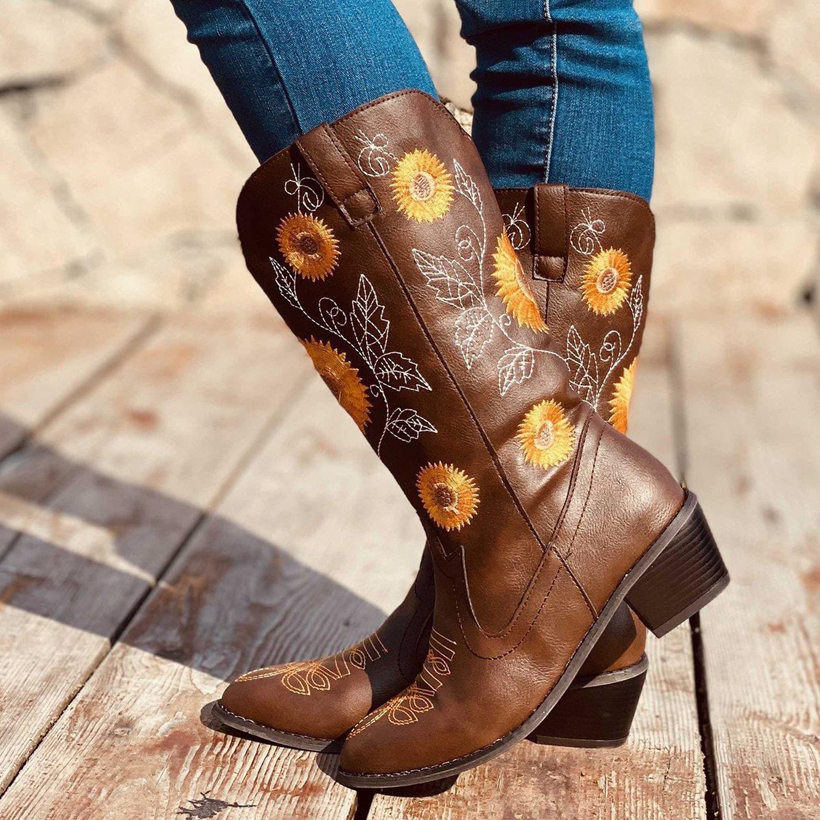 Women Ethnic Floral Embroidered Cowboy Western Boots - Image 7