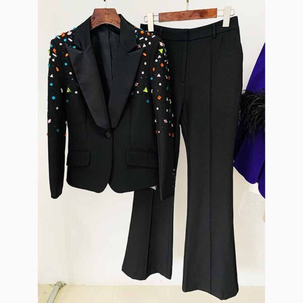 Women Luxury Colorful Stones Embroidery Blazer + Mid-High Rise Flare Trousers Pantsuit Suit Black - Image 2