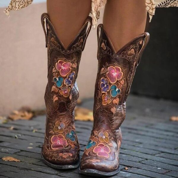 Women's vintage flower embroidery cowboy boots pointed toe mid calf cowgirl boots - Image 3