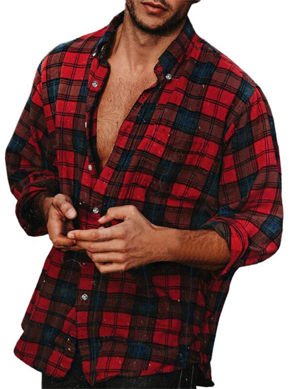 Spring Autumn Men's Leisure Long-sleeved Button Plaid Shirt - Image 2