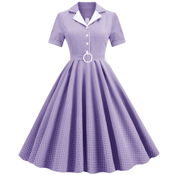 Women Vintage Pink Plaid Short Sleeve Dress with Belt Rockabilly Cocktail Party 1950S Swing Dress - Image 36