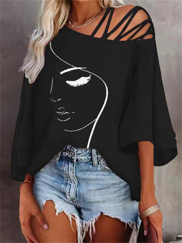 Trendy Asymmetrical Collar 3/4 Sleeve Face Print Tops for Women - Image 2