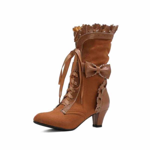 Women Sweet Bow Boots Mid Heels Lace Up Victorian boots Mid Calf Kawaii Boot - Image 8