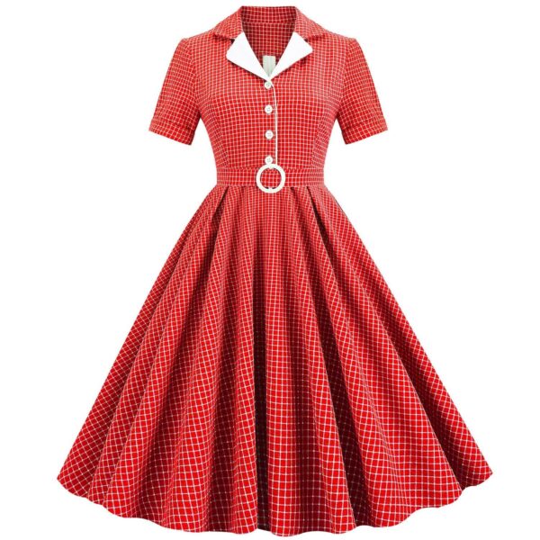 Women Vintage Pink Plaid Short Sleeve Dress with Belt Rockabilly Cocktail Party 1950S Swing Dress - Image 22