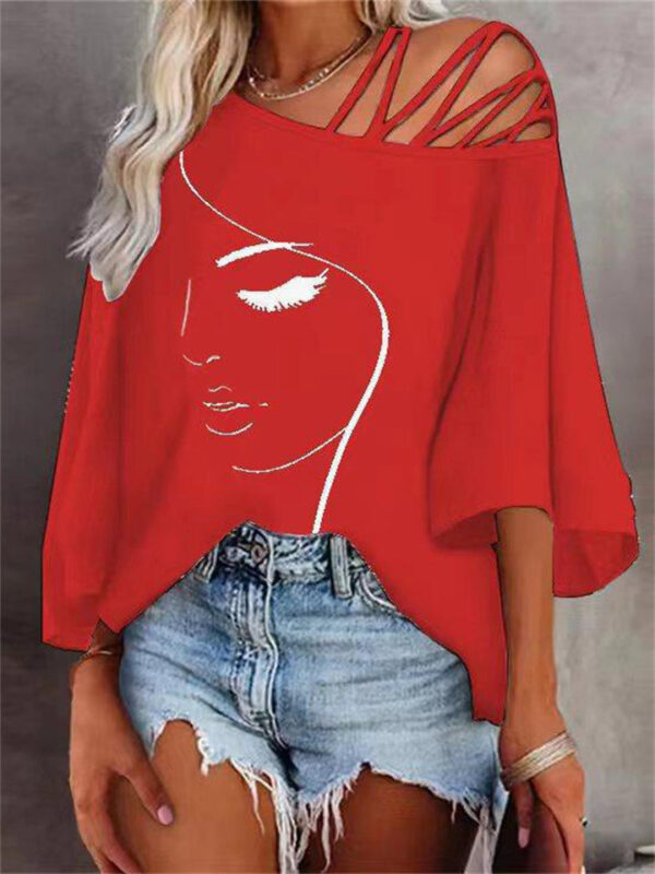 Trendy Asymmetrical Collar 3/4 Sleeve Face Print Tops for Women - Image 5