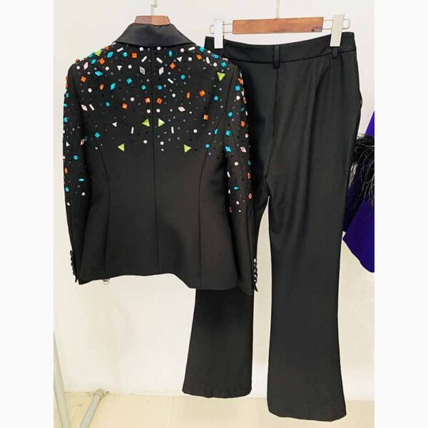 Women Luxury Colorful Stones Embroidery Blazer + Mid-High Rise Flare Trousers Pantsuit Suit Black - Image 3