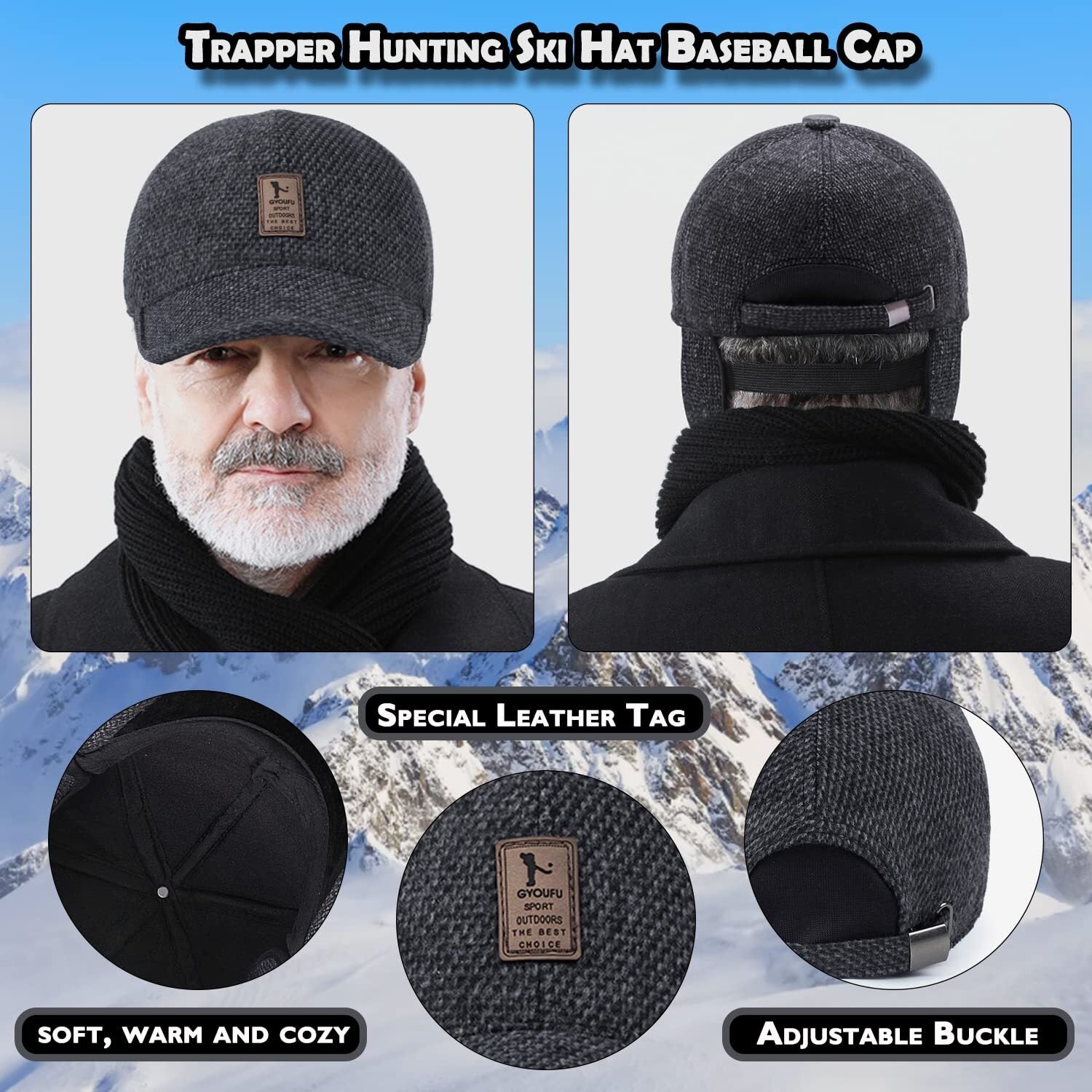 Men’s Winter Baseball Cap–With Ear Muffs,Adjustable, thickened and warm ...