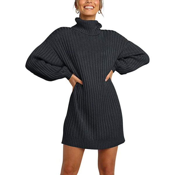 Women Turtleneck Long Lantern Sleeve Casual Loose Oversized Sweater Dress Soft Winter Pullover Dresses - Image 2