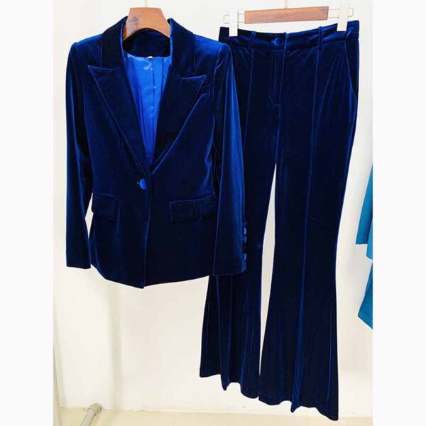 Women Velvet Blazer + Flare Trousers Suit Two Piece Pantsuits