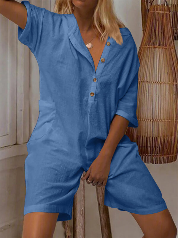 Summer Cozy Side Pocket Cotton Linen Jumpsuit for Women - Image 3