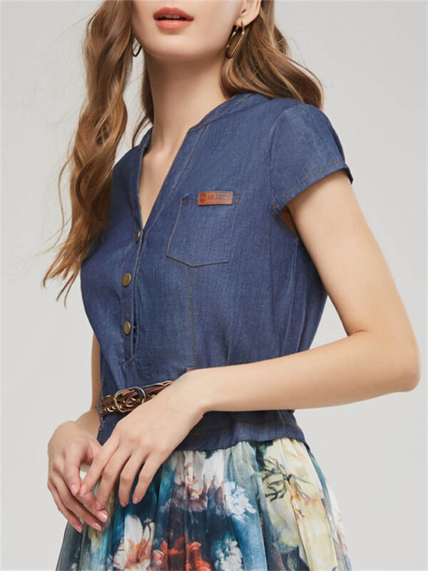 Women's Elegant Ink Flower Denim Chiffon Splicing Dress with Belt - Image 5