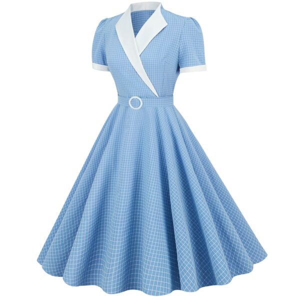 Women's Vintage 1950s Retro Party Swing Short Sleeve V-Neck A-line Gown with Belt - Image 29