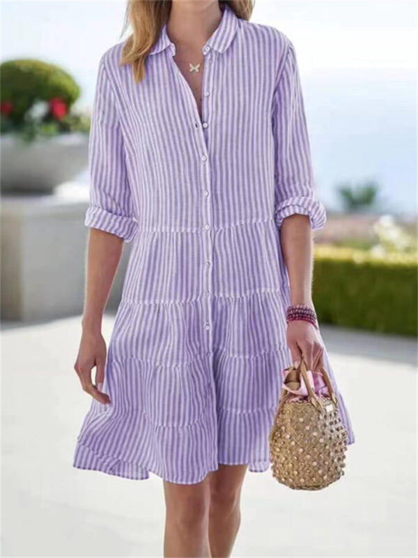 Women's Leisure Striped Lapel Button Down Dress - Image 2