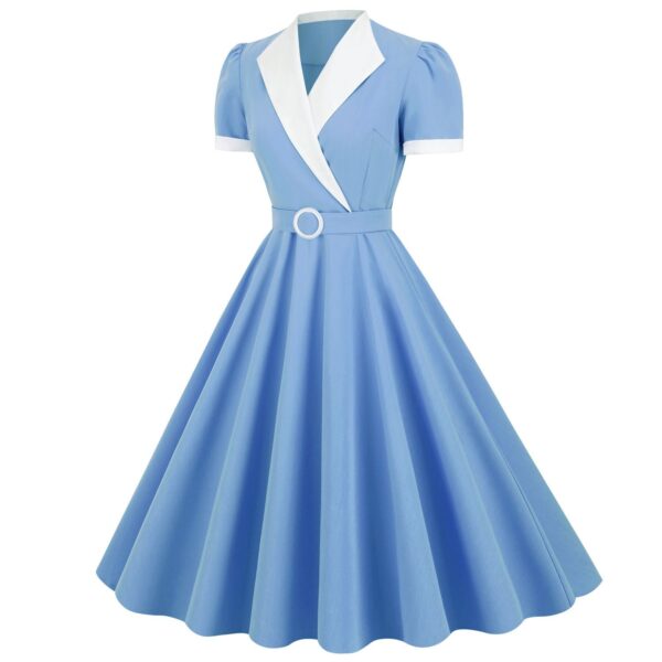 Women's Vintage 1950s Retro Party Swing Short Sleeve V-Neck A-line Gown with Belt - Image 10