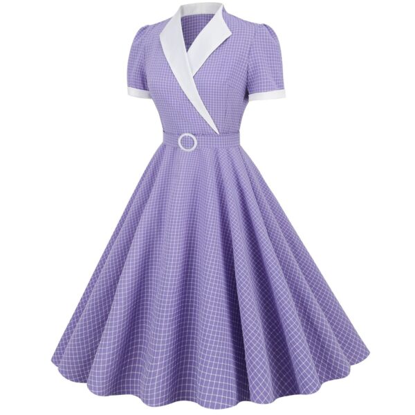 Women's Vintage 1950s Retro Party Swing Short Sleeve V-Neck A-line Gown with Belt - Image 20