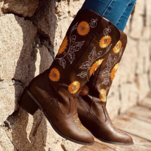 Women Ethnic Floral Embroidered Cowboy Western Boots