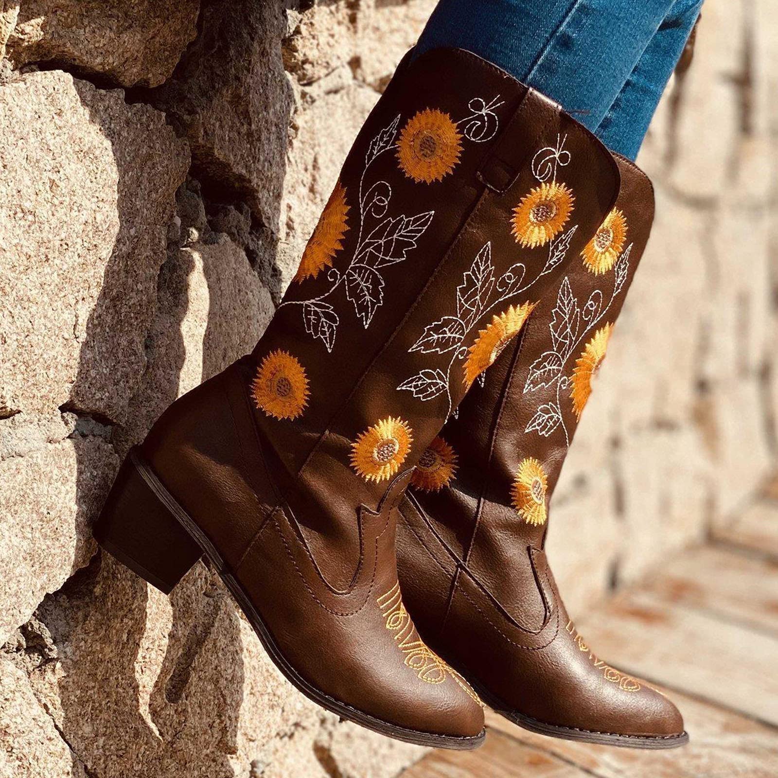 Women Ethnic Floral Embroidered Cowboy Western Boots