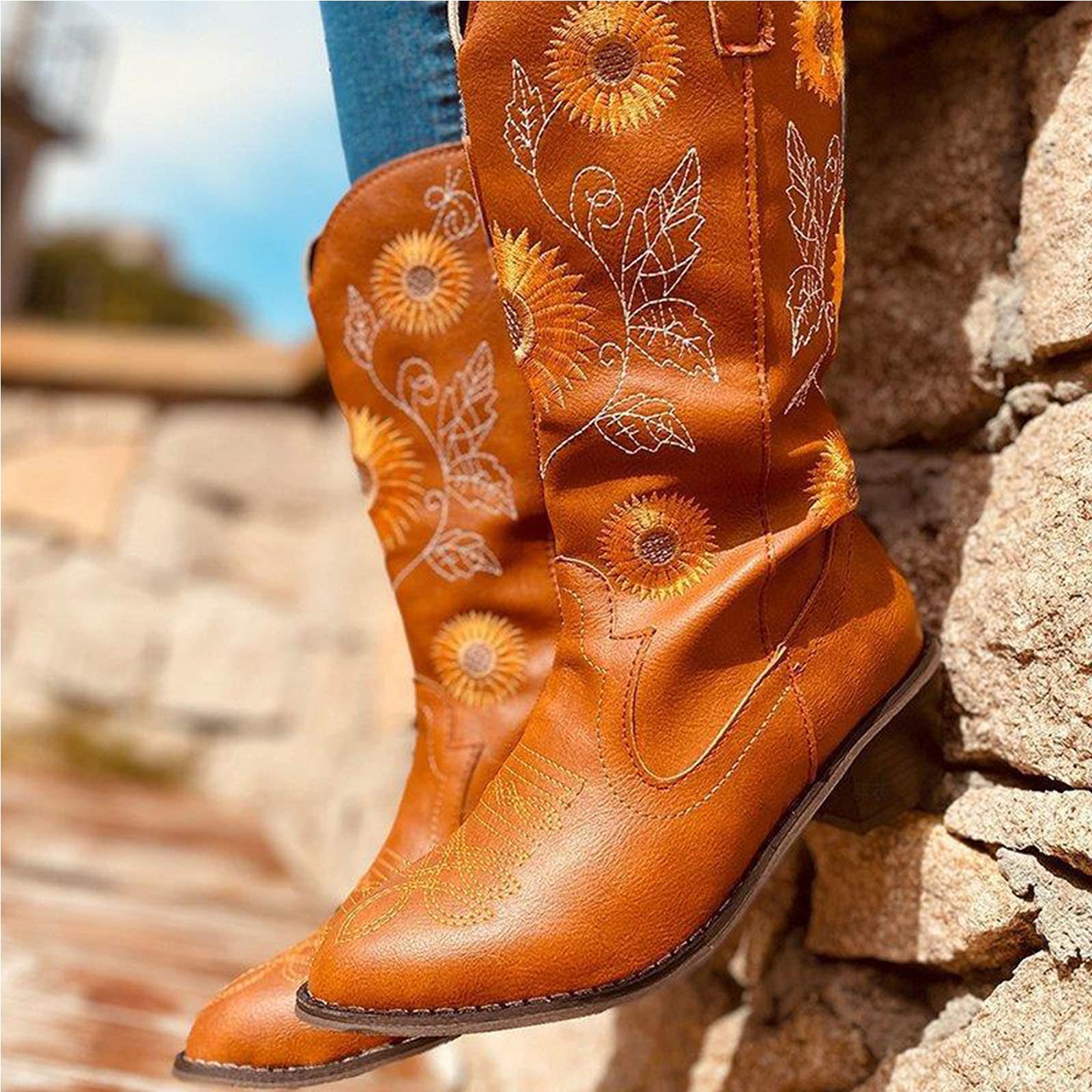Women Ethnic Floral Embroidered Cowboy Western Boots - Image 10