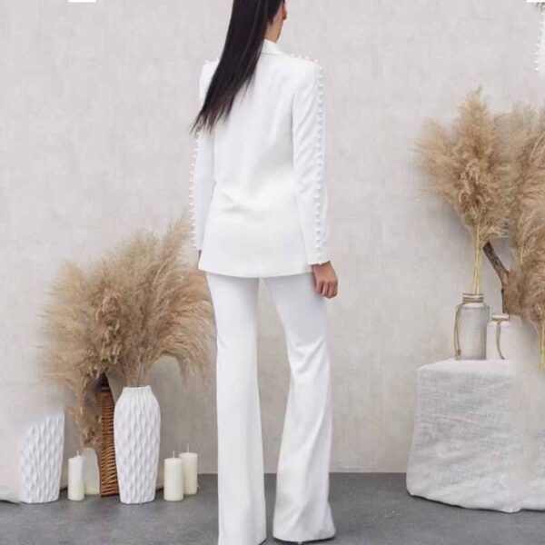 Women White fitted Blazer + Mid-High Rise Flare Trousers Suit Pantsuit - Image 4