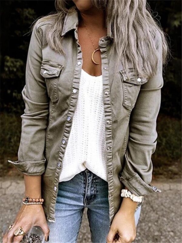 Retro Style Lapel Collar Chest Pocket Button Up Denim Coat - Image 2