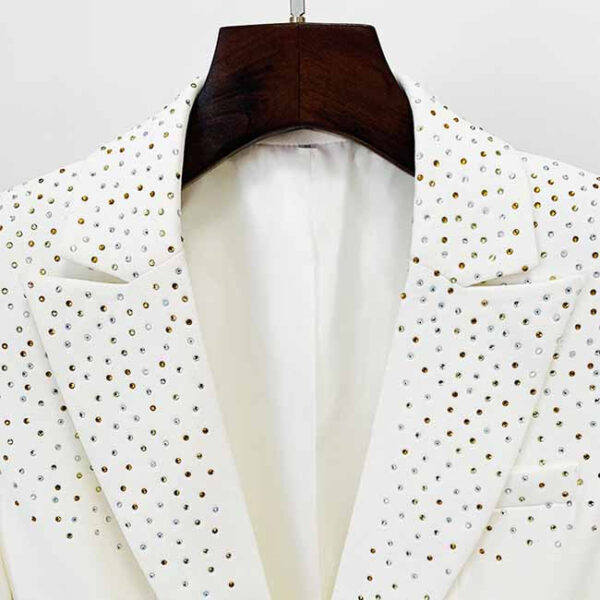 Women White Bling Bling Hot Drill Studs Fitted Blazer + Mini Skirt Suit White - Image 6