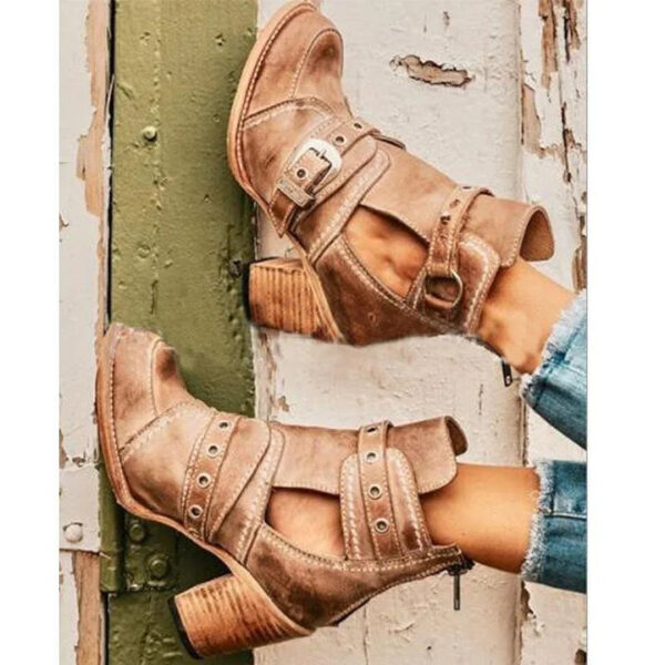 Retro Block Heel Ankle Boots Ankle Strap Buckle Boots For Women Vintage Chunky Boots - Image 3