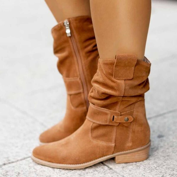 Women's Fashion Flat Heel Calf Boots Side Zipper Ankle Booties