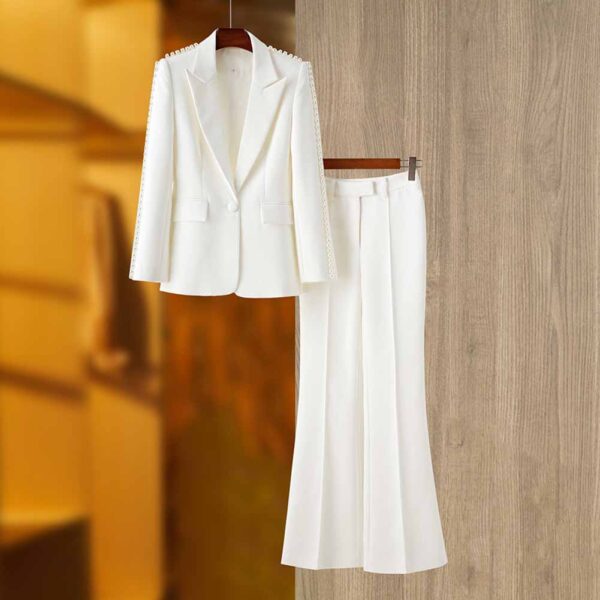 Women White fitted Blazer + Mid-High Rise Flare Trousers Suit Pantsuit - Image 2