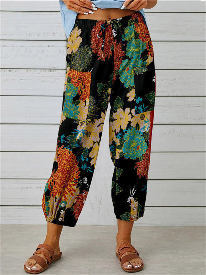 Women's Drawstring Elastic Waist Vintage Printed Pants - Image 9