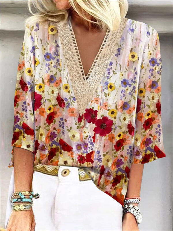 Summer Lace V Neck Print 3/4 Sleeve Blouses for Women - Image 3