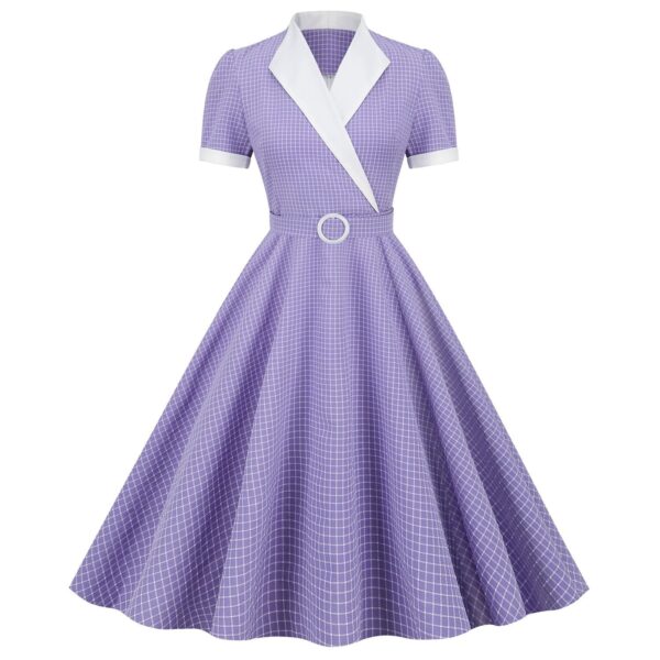 Women's Vintage 1950s Retro Party Swing Short Sleeve V-Neck A-line Gown with Belt - Image 19