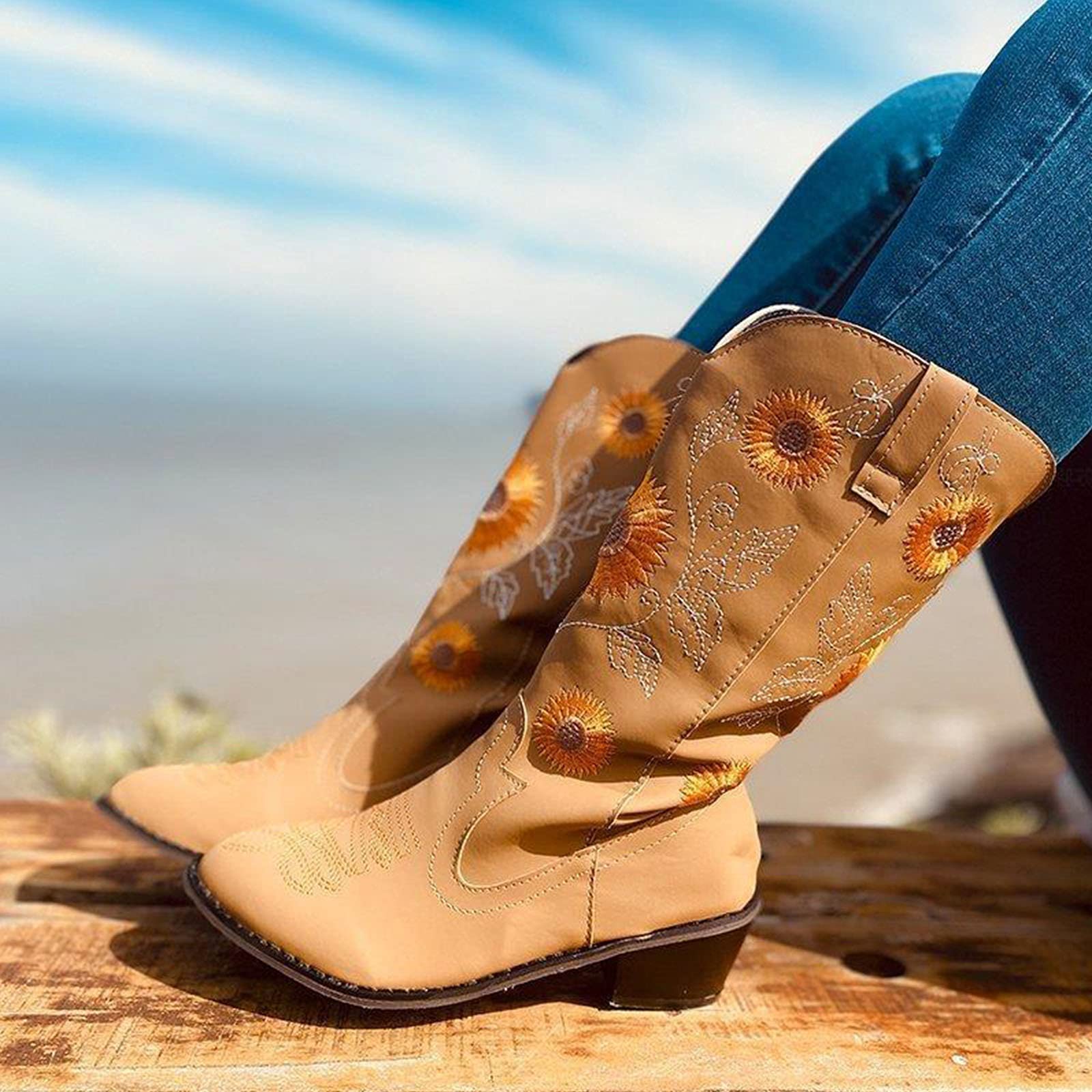 Women Ethnic Floral Embroidered Cowboy Western Boots - Image 16