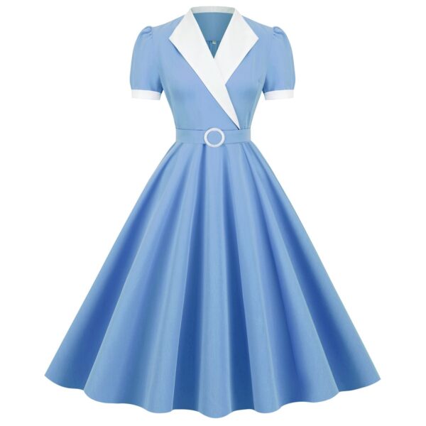 Women's Vintage 1950s Retro Party Swing Short Sleeve V-Neck A-line Gown with Belt - Image 9