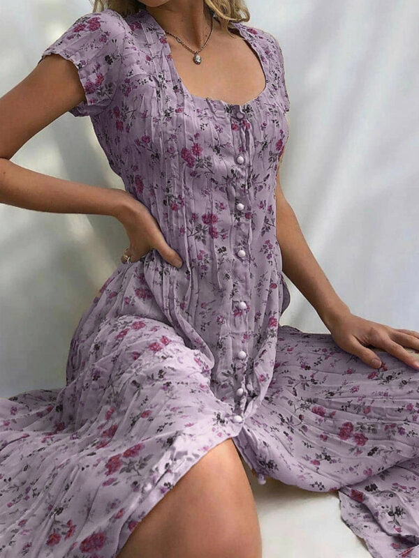 Women's Shift Dress Midi Dress Short Sleeve Floral Button Front Print Summer Square Neck Hot Vintage Boho - Image 5