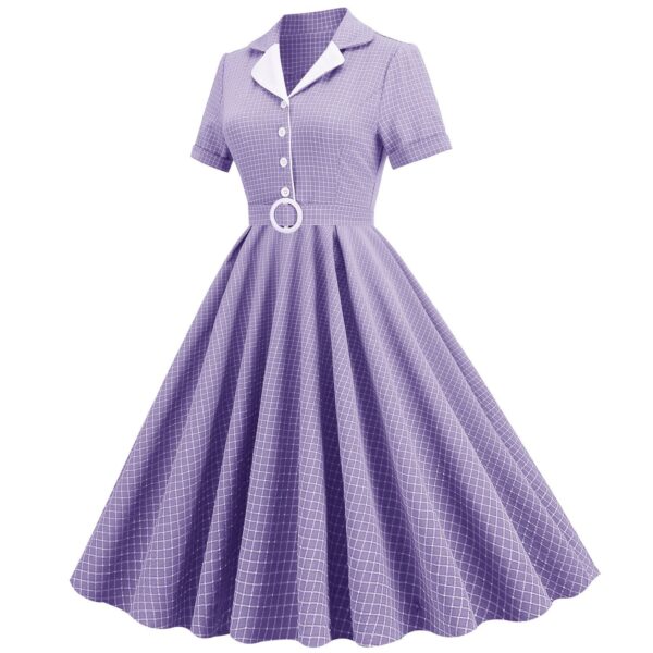 Women Vintage Pink Plaid Short Sleeve Dress with Belt Rockabilly Cocktail Party 1950S Swing Dress - Image 37