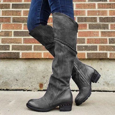 Women’s Over The Knee Western Boots Chunky Low Heel Zipper Retro Boots ...