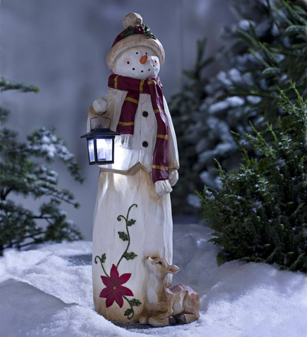 Resin Woodland Snowman Decoration with Lantern Lighting for Christmas Indoor/Outdoor Decor - Image 2