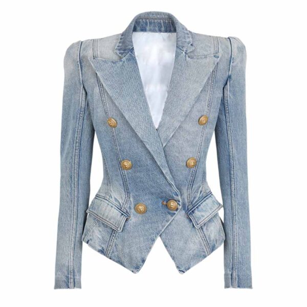 Women's Golden Lion Buttons Fitted Denim Blazer Jacket Blue