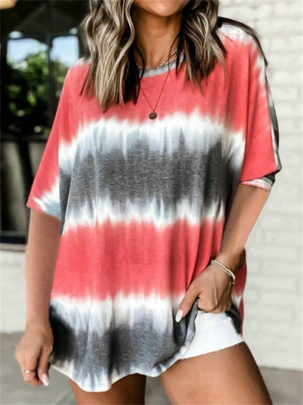 Round Neck Short Sleeve Plus Size Women's Tie-dye T-shirts - Image 2