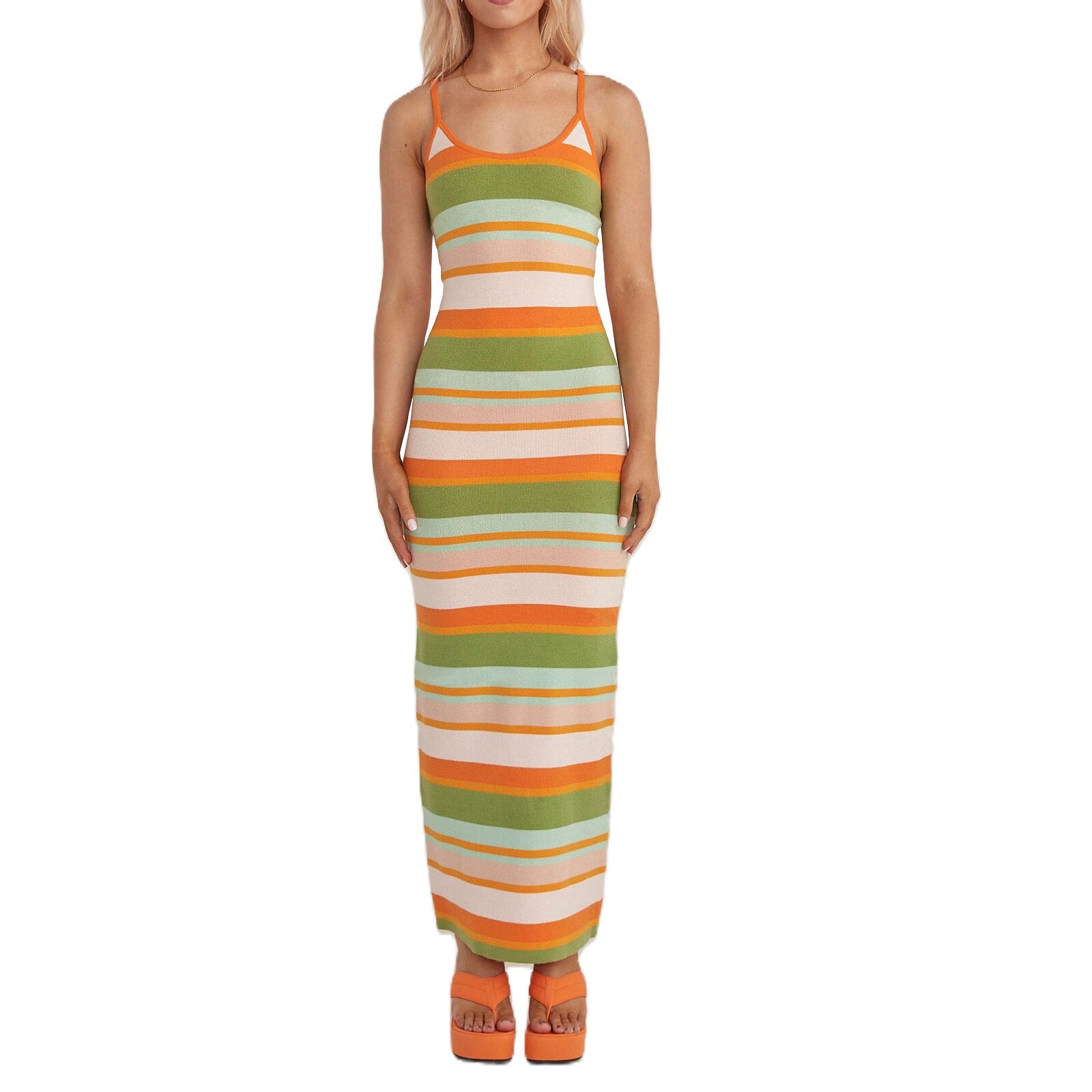 Vintage Geometric Print Knitted Long Dress Elegant Women Spaghetti Straps Wrap Pencil Dress Backless Sling Sundress - Image 7