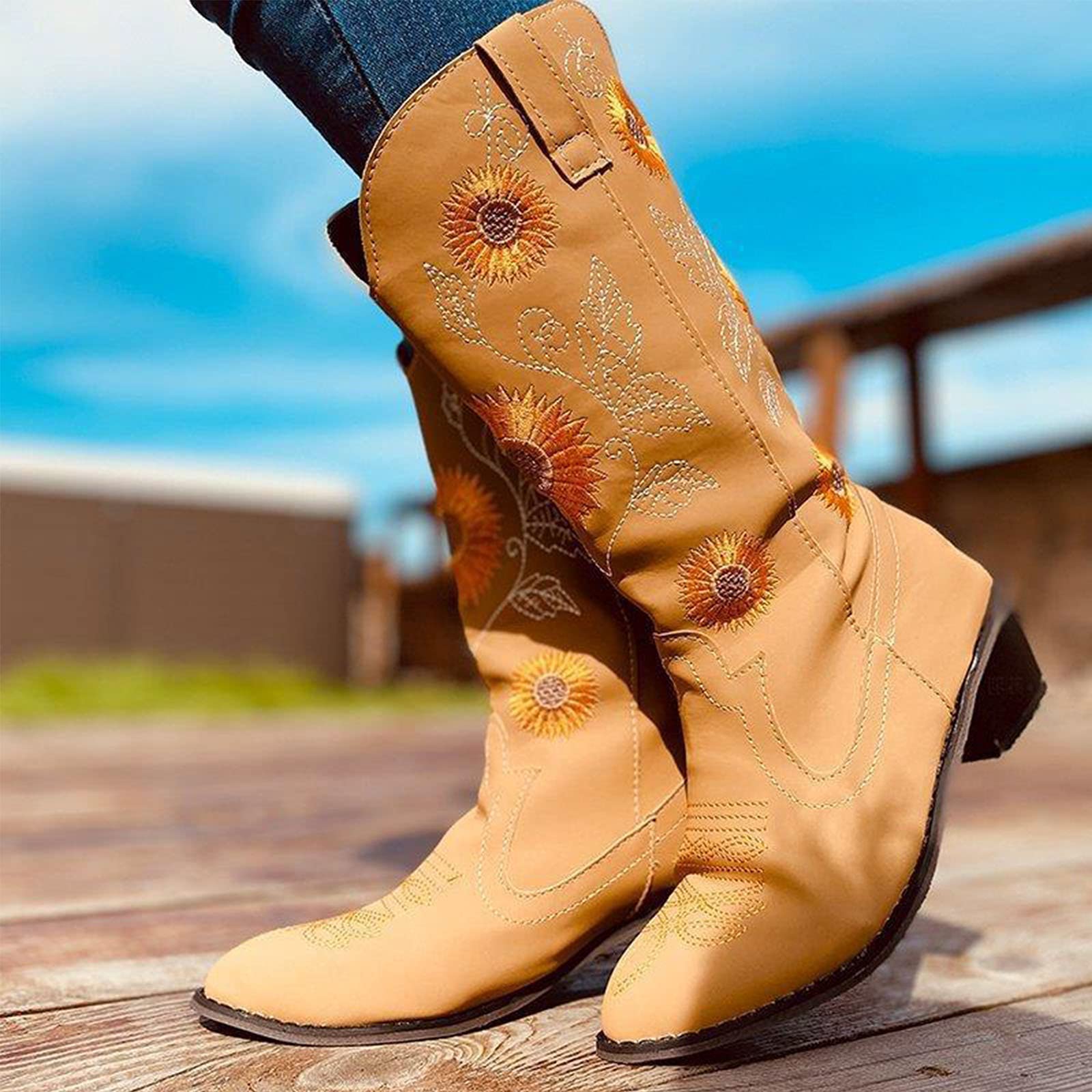 Women Ethnic Floral Embroidered Cowboy Western Boots - Image 17