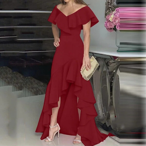 Women's A Line Dress Maxi long Dress Short Sleeve Solid Color Ruffle Plus High Low Fall Spring V Neck - Image 4