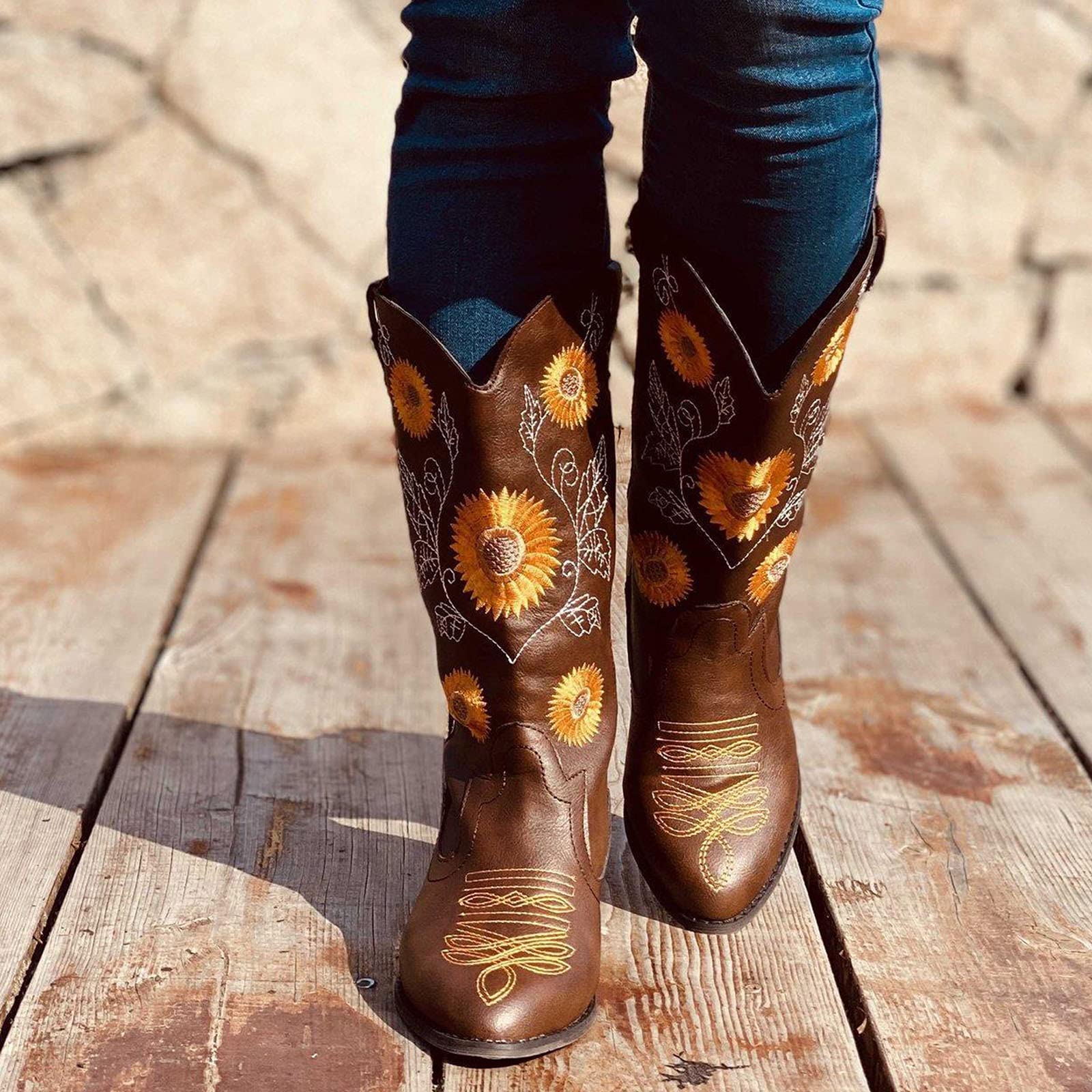 Women Ethnic Floral Embroidered Cowboy Western Boots - Image 5