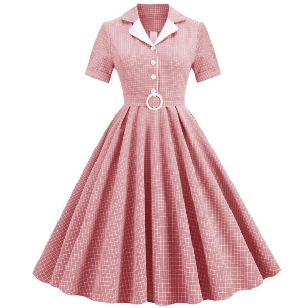 Women Vintage Pink Plaid Short Sleeve Dress with Belt Rockabilly Cocktail Party 1950S Swing Dress - Image 25